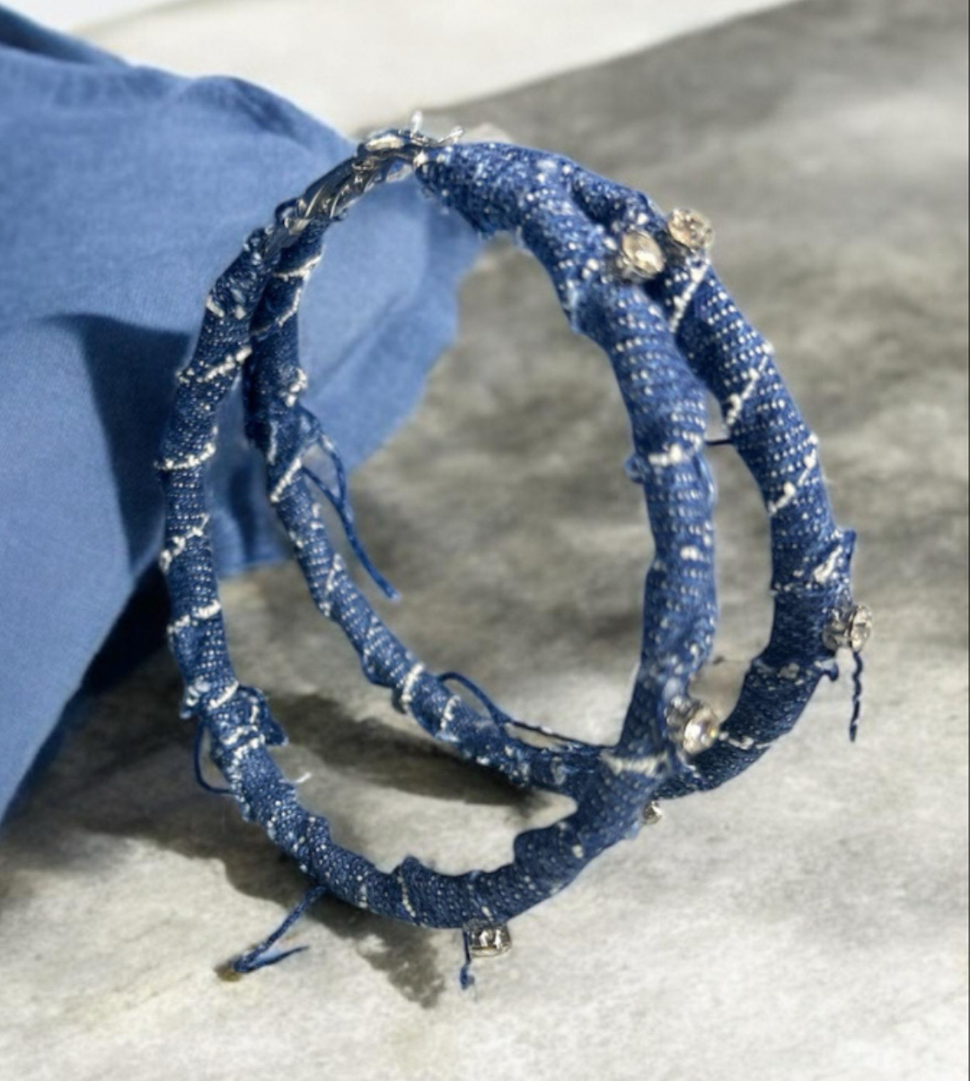 oversized silver crystal hoop earrings in medium denim oversized silver crystal hoop earrings in medium denim